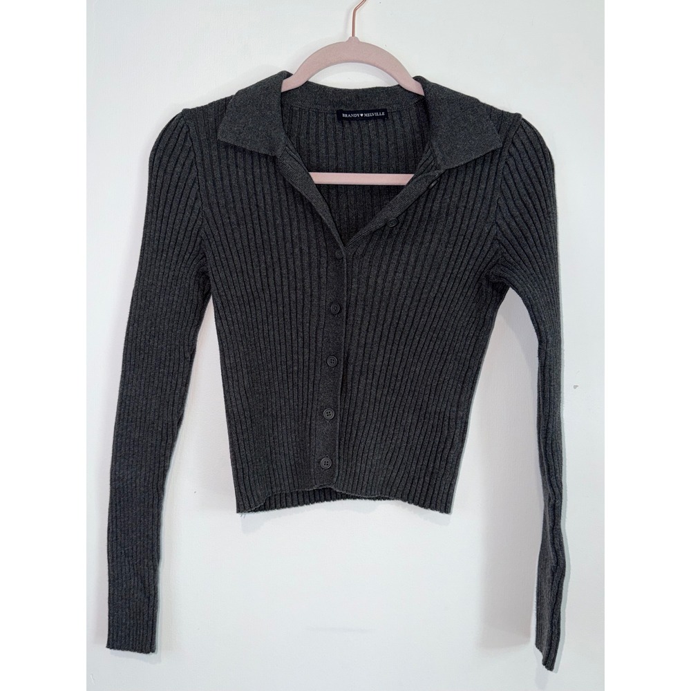 Brandy Melville 100% Cotton Ribbed Button Cropped Cardigan Charcoal Grey Small